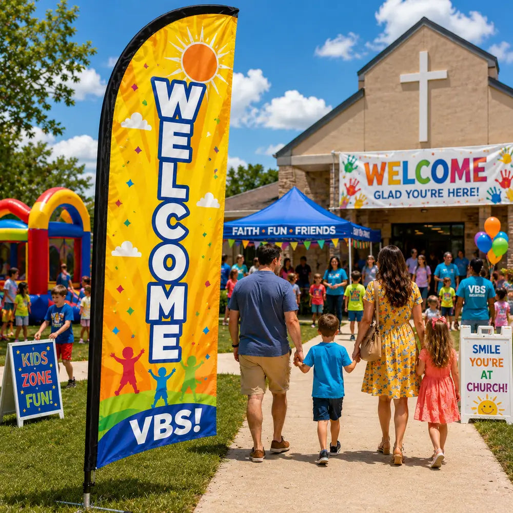 Bright yellow and orange VBS church feather flag with WELCOME text outside a summer children's ministry event