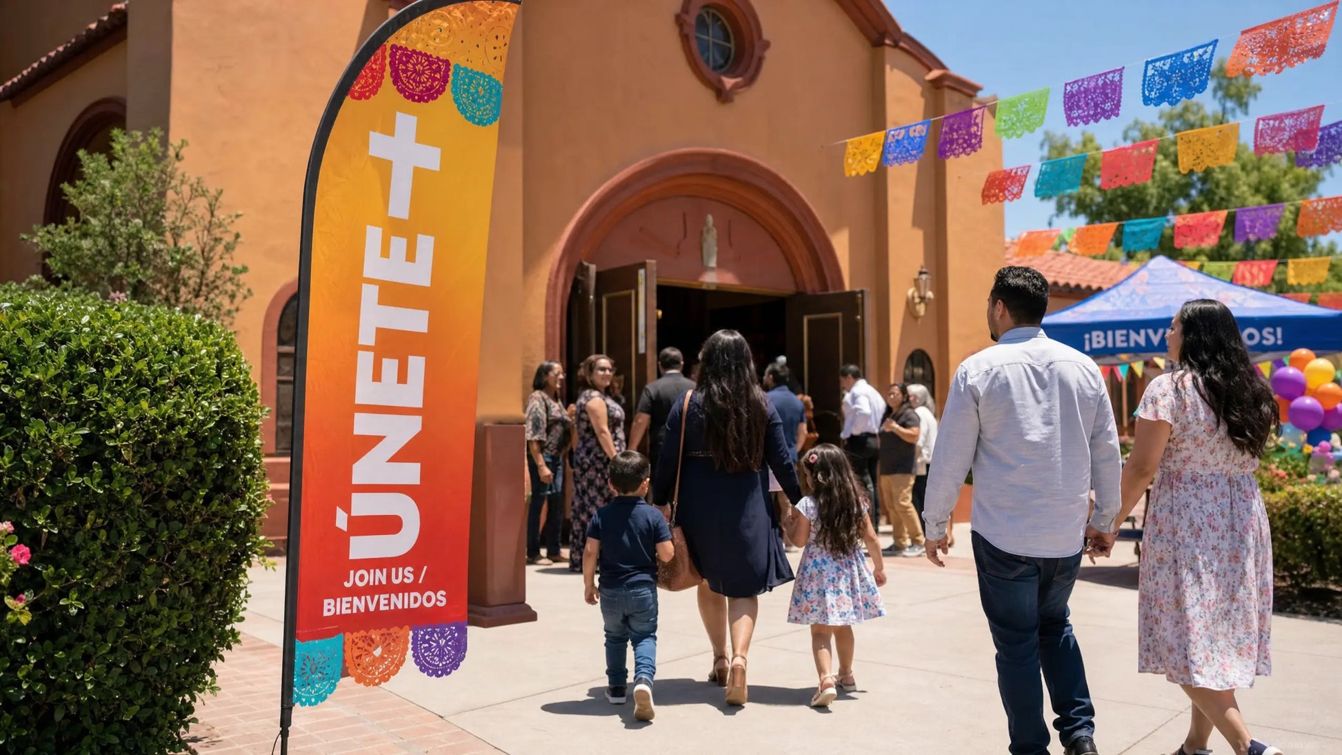Hispanic ministry feather flag outside church event with families
