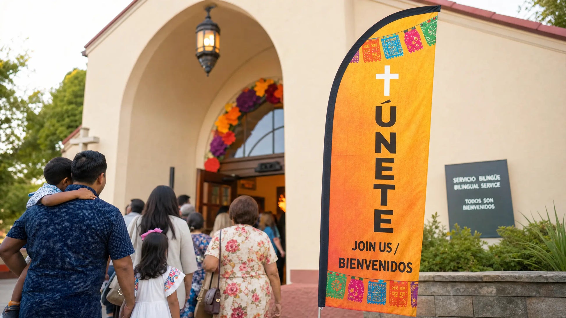 Hispanic ministry feather flag at church entrance welcoming families