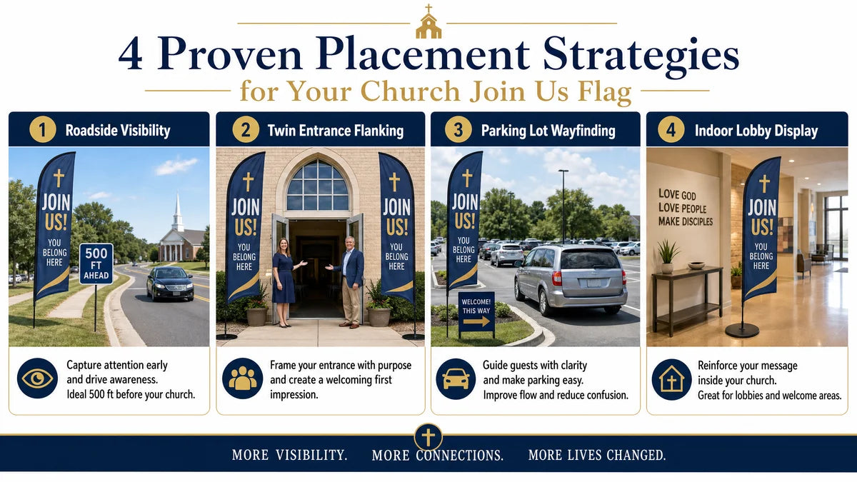 infographic showing 4 proven placement strategies for church join us feather flags roadside twin entrance parking lot indoor lobby