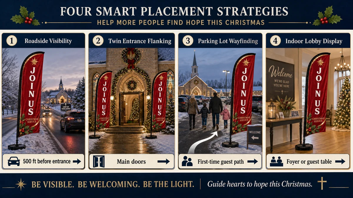 infographic showing Christmas Join Us church feather flag placement strategies for roadside entrance doors parking lot and indoor lobby