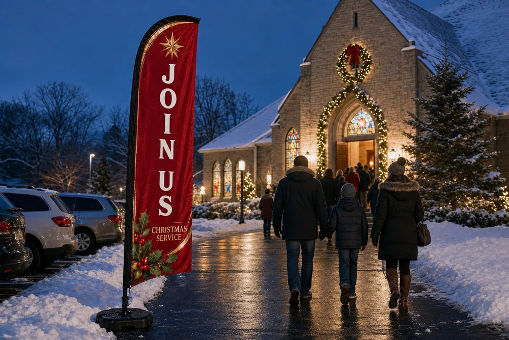 Christmas Join Us church feather flag guiding families from parking lot to service entrance