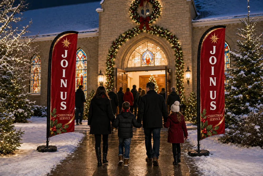 two Christmas Join Us church feather flags flanking a decorated church entrance