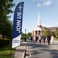 church join us feather flag placed roadside 500 feet before church entrance visible to Sunday morning traffic