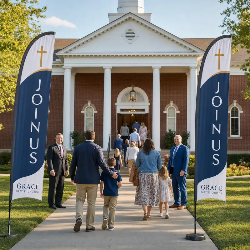 two join us church feather flags flanking main entrance of brick Baptist church with greeters and families arriving