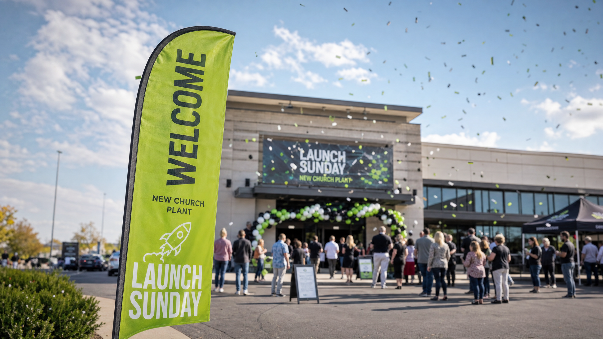 church feather flag near a grand opening event for a new church plant