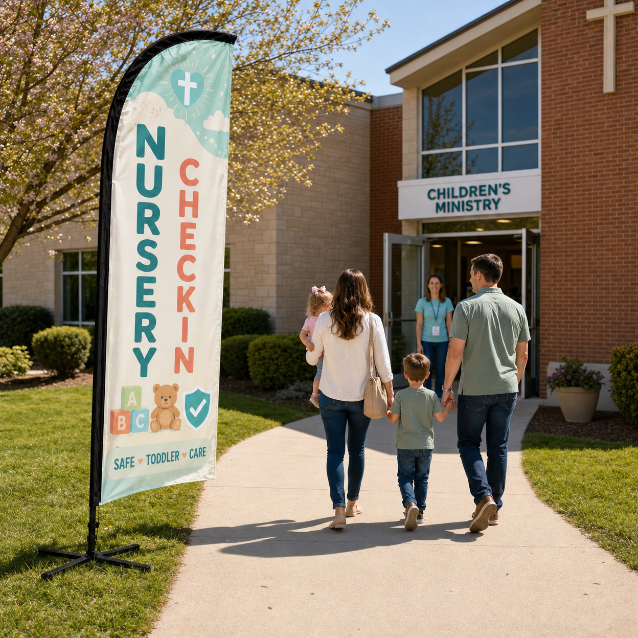 Safe nursery and toddler check-in church feather flag at children ministry wing