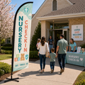 Safe nursery and toddler check-in church feather flag at church entrance