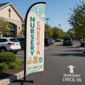 Safe nursery and toddler check-in church feather flag in parking lot