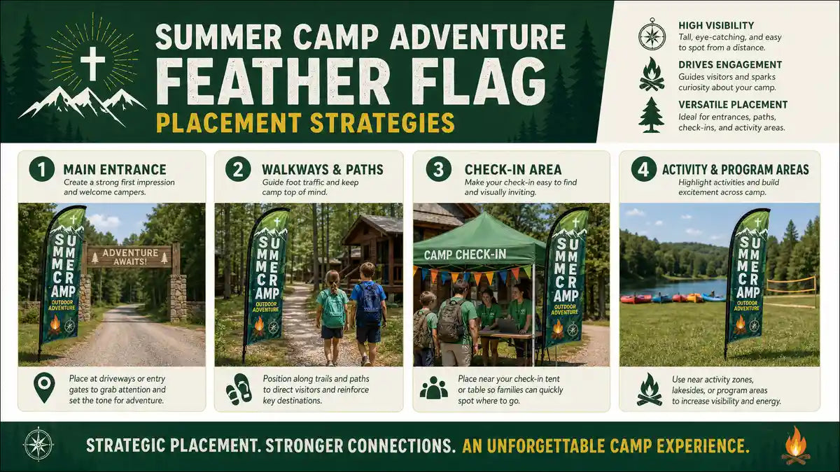Summer Camp Outdoor Adventure church feather flag placement strategies infographic