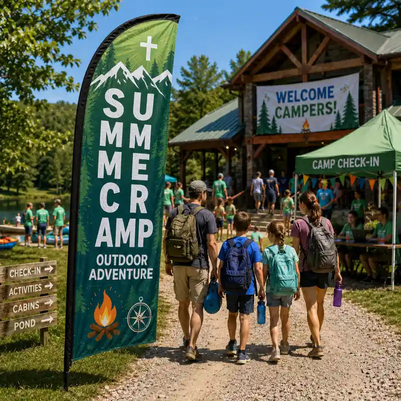 Summer Camp Outdoor Adventure church feather flag at check-in