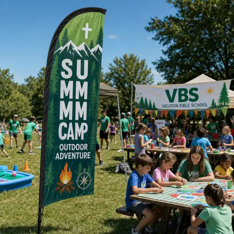 Summer Camp Outdoor Adventure church feather flag at VBS activity
