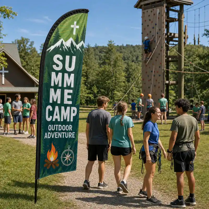 Summer Camp Outdoor Adventure church feather flag at youth retreat