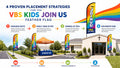 infographic showing four VBS Join Us church feather flag placement strategies for roadside check-in parking and kids ministry door
