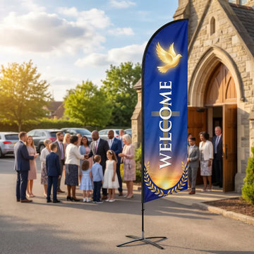 Church Welcome feather flag with golden dove and cross on royal blue background at Sunday morning church entrance with congregation