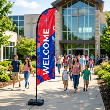Geometric Red & Blue Welcome Church Feather Flag