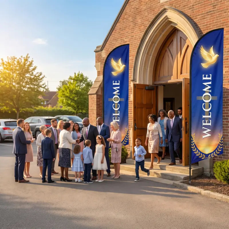Church Welcome feather flag with golden dove and cross on royal blue background at Sunday morning church entrance with congregation