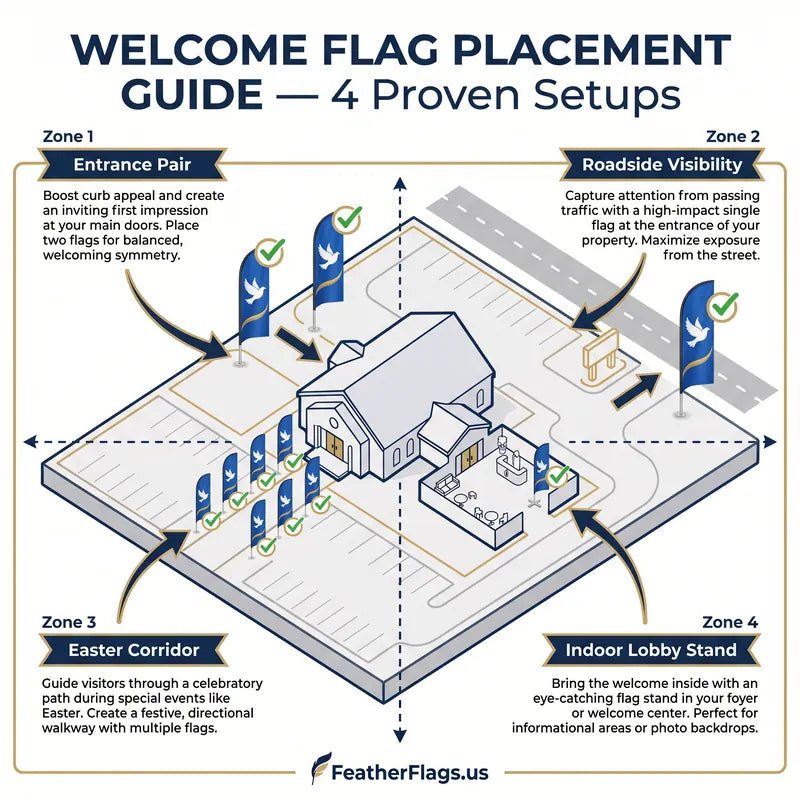 Welcome church feather flag placement guide showing 4 proven setups: entrance pair, roadside visibility, Easter corridor, indoor lobby