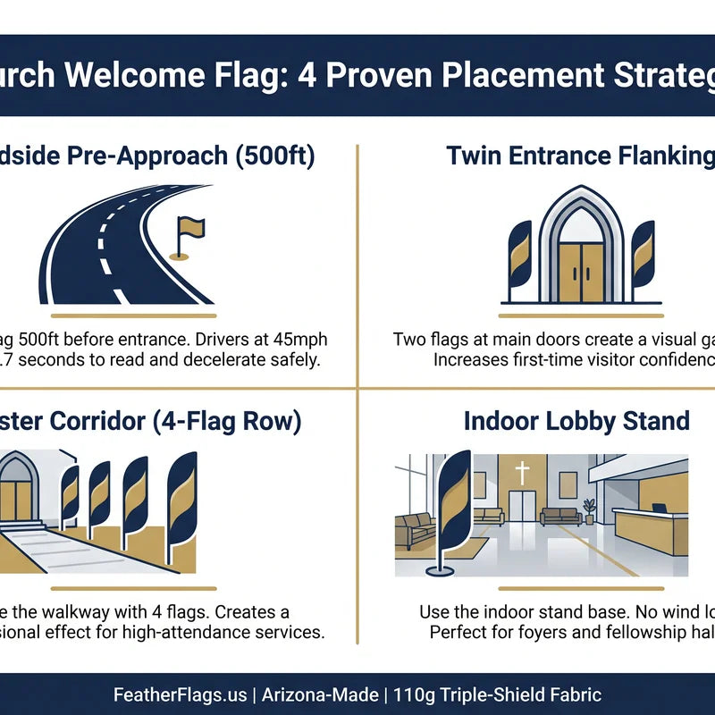 Church Welcome feather flag placement infographic showing 4 proven strategies: roadside 500ft, twin entrance flanking, Easter corridor, indoor lobby stand