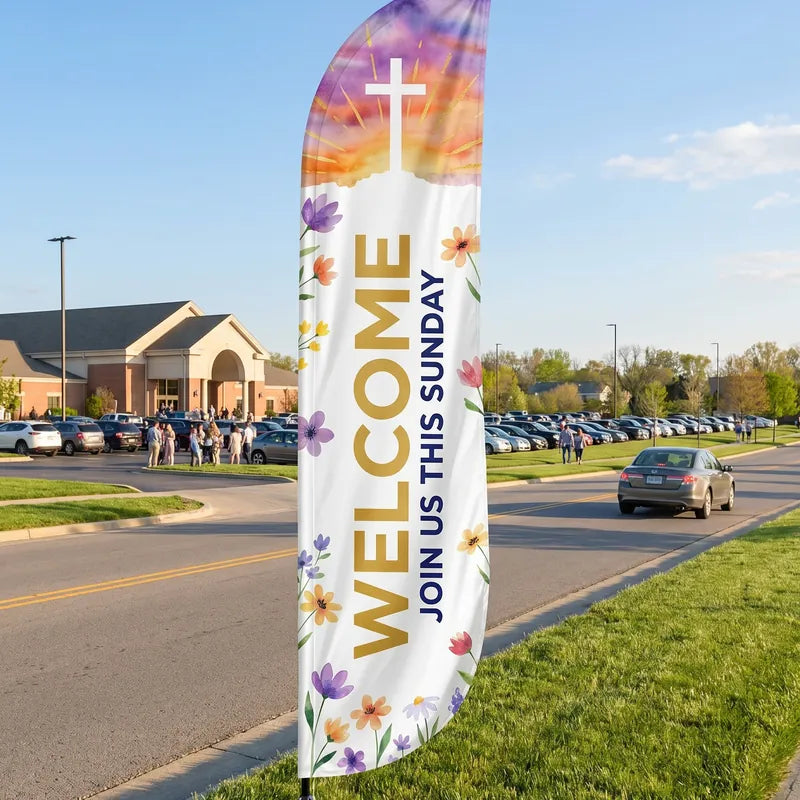 Church Welcome feather flag with spring flowers and cross design, Join Us This Sunday — outdoor Sunday service scene with families and balloon arch