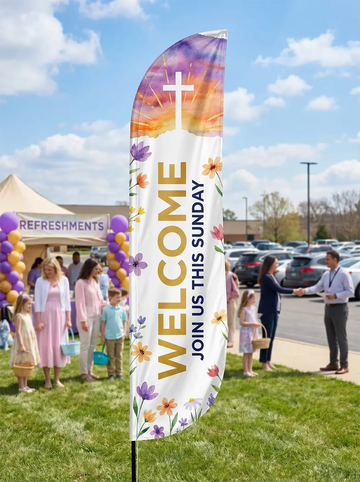 Church Welcome feather flag with spring flowers and cross design, Join Us This Sunday — outdoor Sunday service scene with families and balloon arch