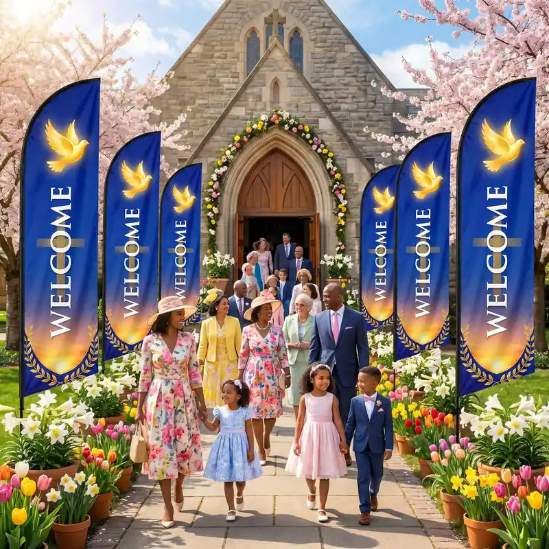 Multiple Welcome church feather flags lining Easter Sunday walkway with families in spring outfits and cherry blossoms