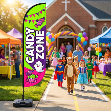 Costume Parade & Candy Zone Church Feather Flag - Premium custom church feather flag on heavy duty base