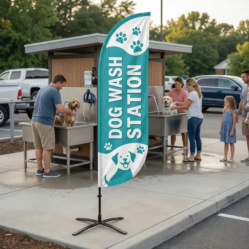 Teal and white Dog Wash Station feather flag promoting pet-friendly amenities at a car wash.
