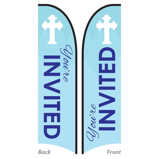 You're Invited - Church Feather Flag (Double Sided Blue Banner)