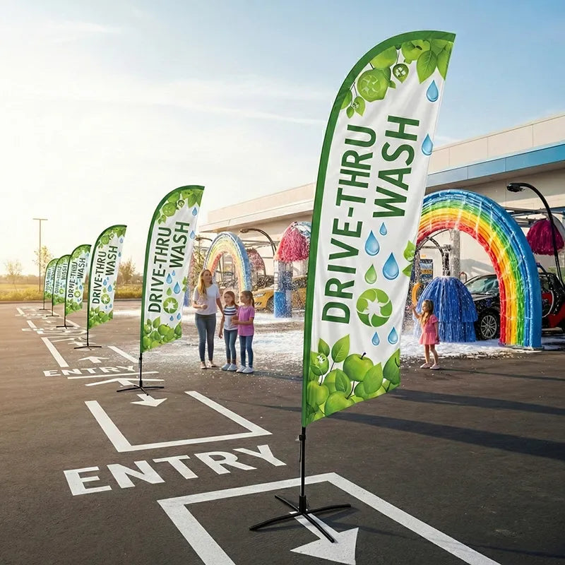 Eco-friendly green and white drive-thru wash feather flag used for easy wayfinding and entrance branding at a car wash.