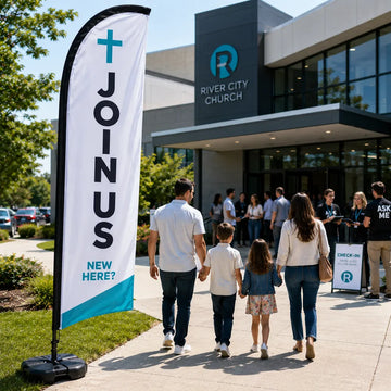 church feather flag with modern campus New Here Join Us theme at church entrance