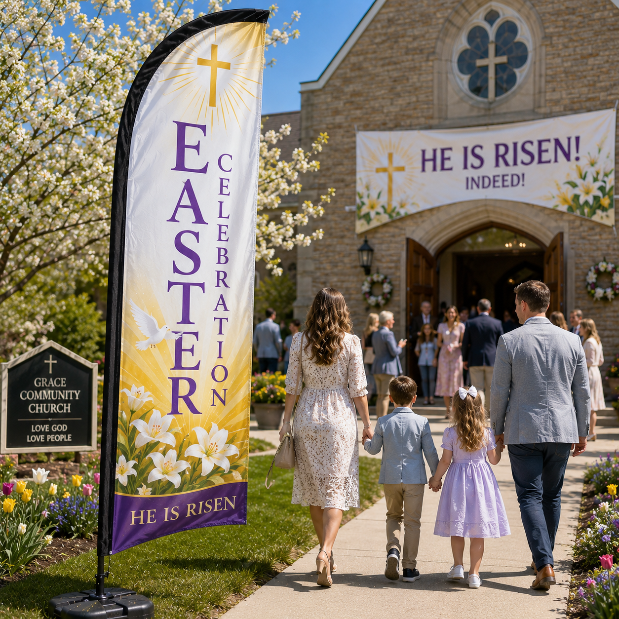 Easter Celebration church feather flag with He Is Risen design on church lawn during Easter Sunday service