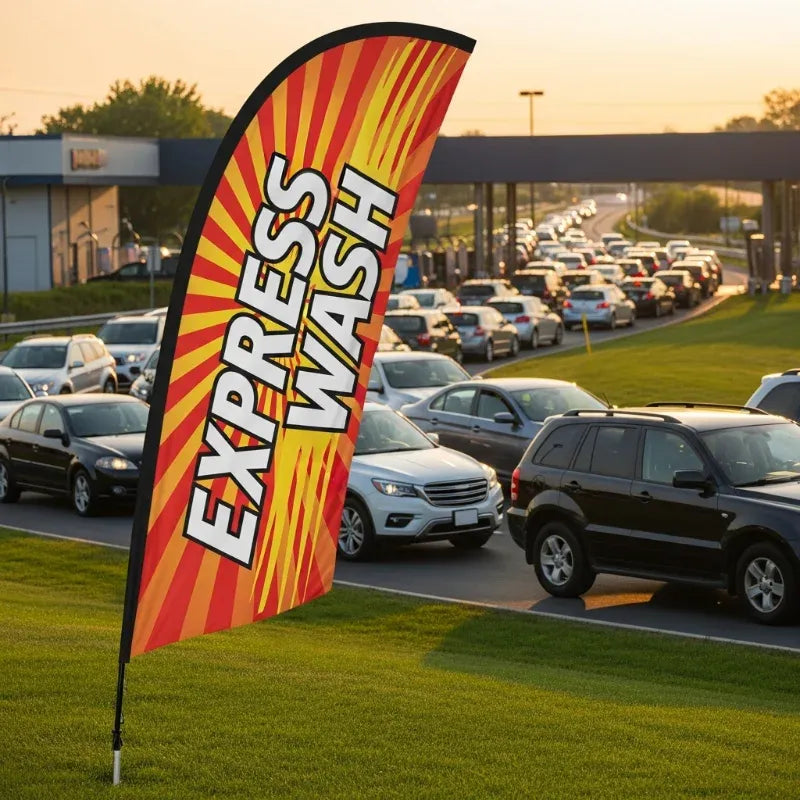 Express wash banner in a car wash setting with cars lined up