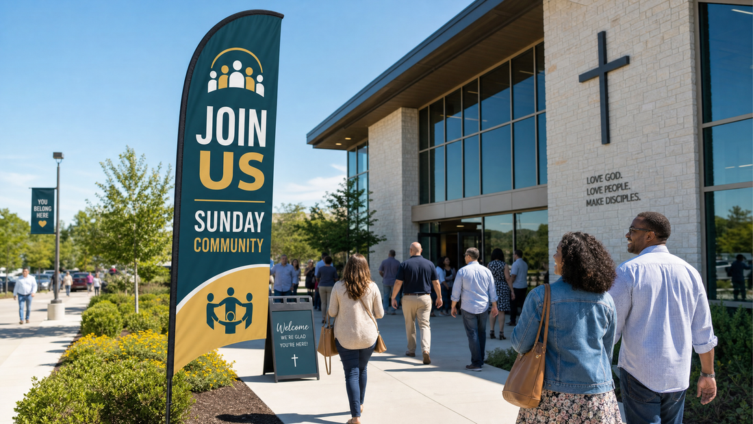 Join Us community church feather flag displayed near a busy fellowship courtyard with church members