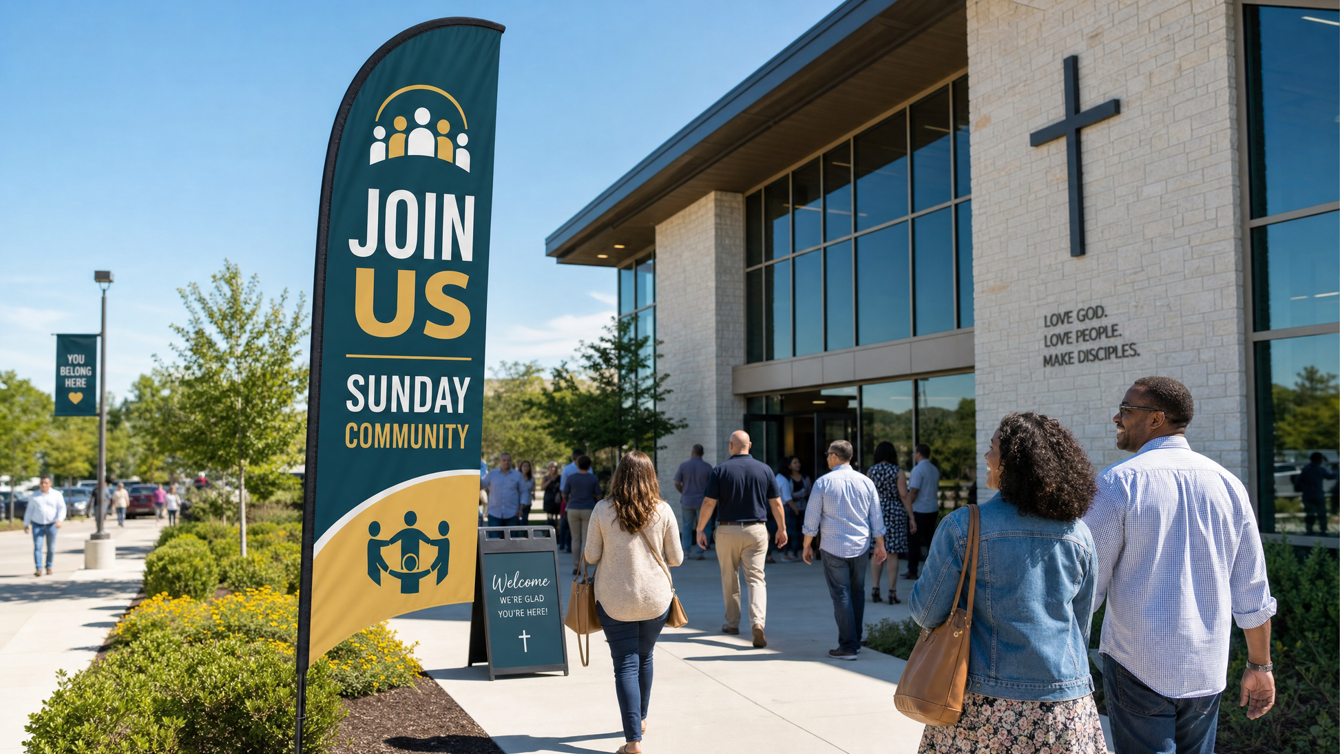 Join Us community church feather flag in a modern church setting