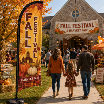 Fall Festival Harvest Fair church feather flag on church lawn with pumpkins, families, and autumn event booths