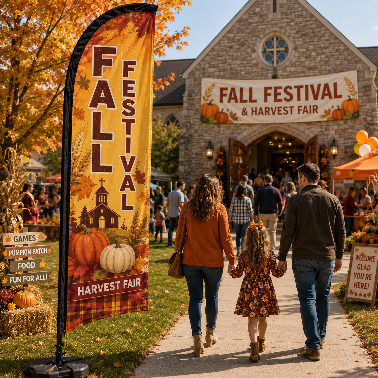 Fall Festival Harvest Fair church feather flag on church lawn with pumpkins, families, and autumn event booths