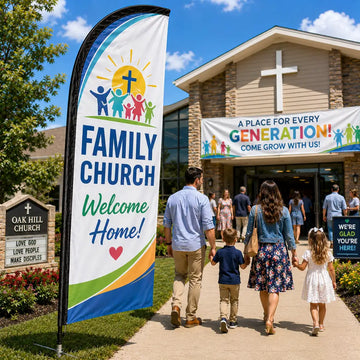 Family Church Experience feather flag displayed near a busy church family ministry entrance