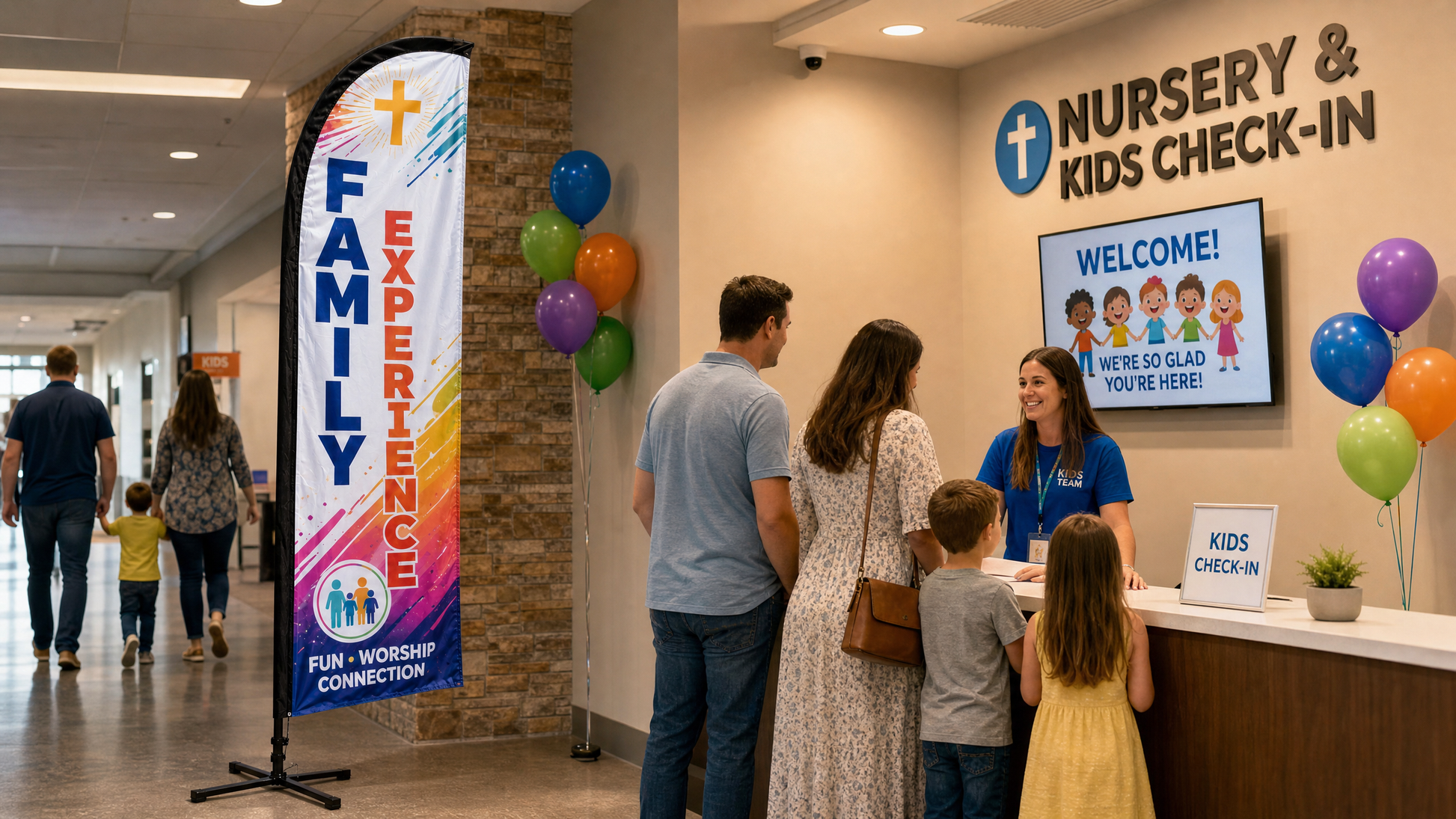 Family Experience church feather flag at a children's ministry check-in area