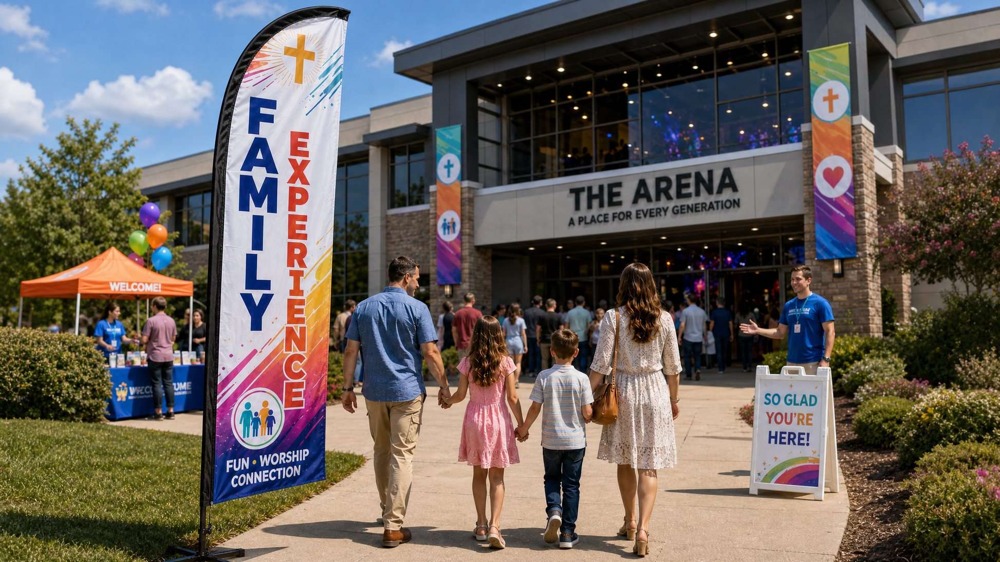 Family Experience church feather flag at church entrance with families arriving