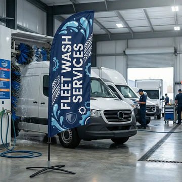 Professional navy blue Fleet Wash Services feather flag targeted at business accounts and commercial vehicles.