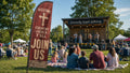 church feather flag with country church Yall Join Us theme at outdoor community gospel event