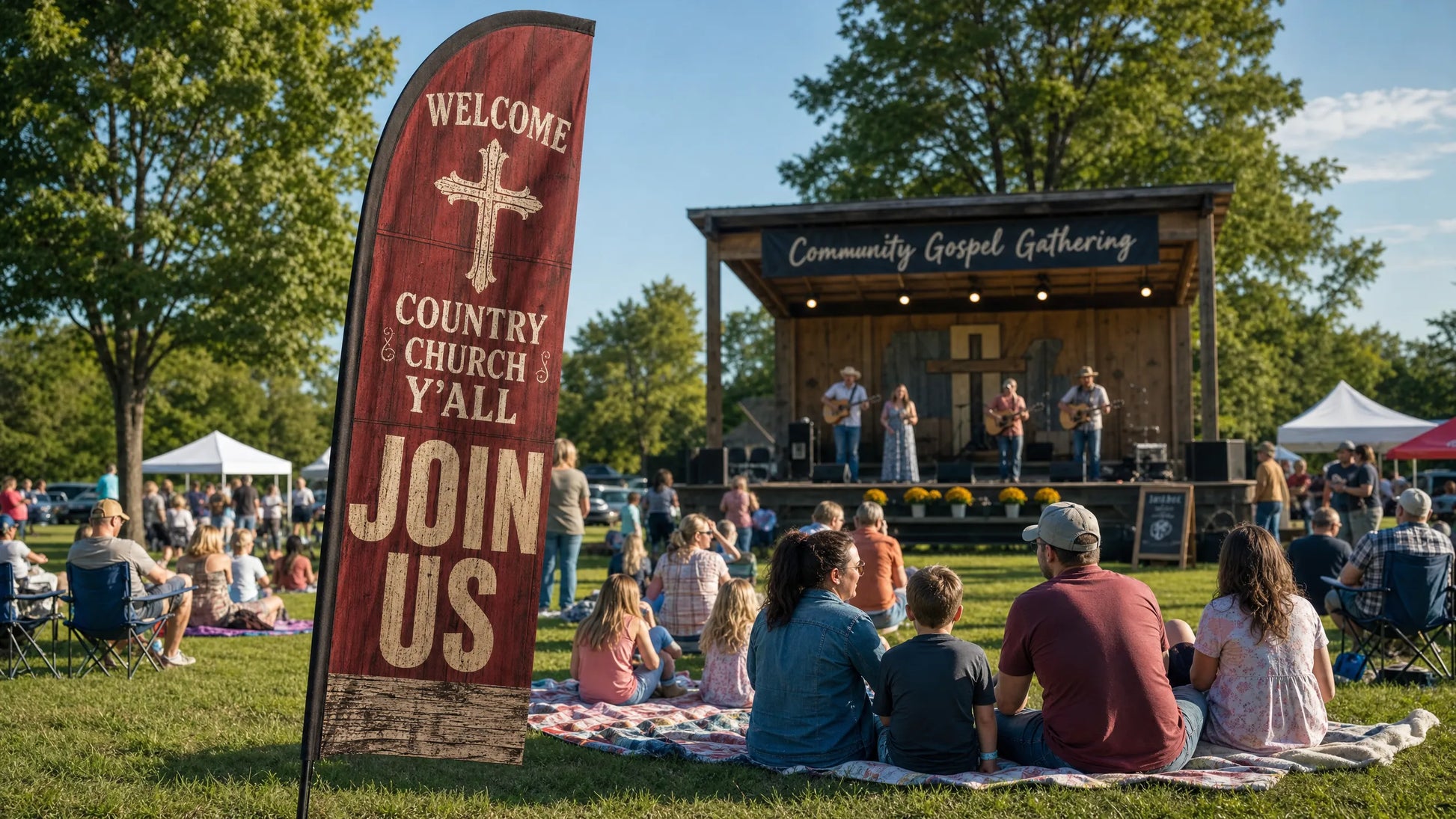 church feather flag with country church Yall Join Us theme at outdoor community gospel event