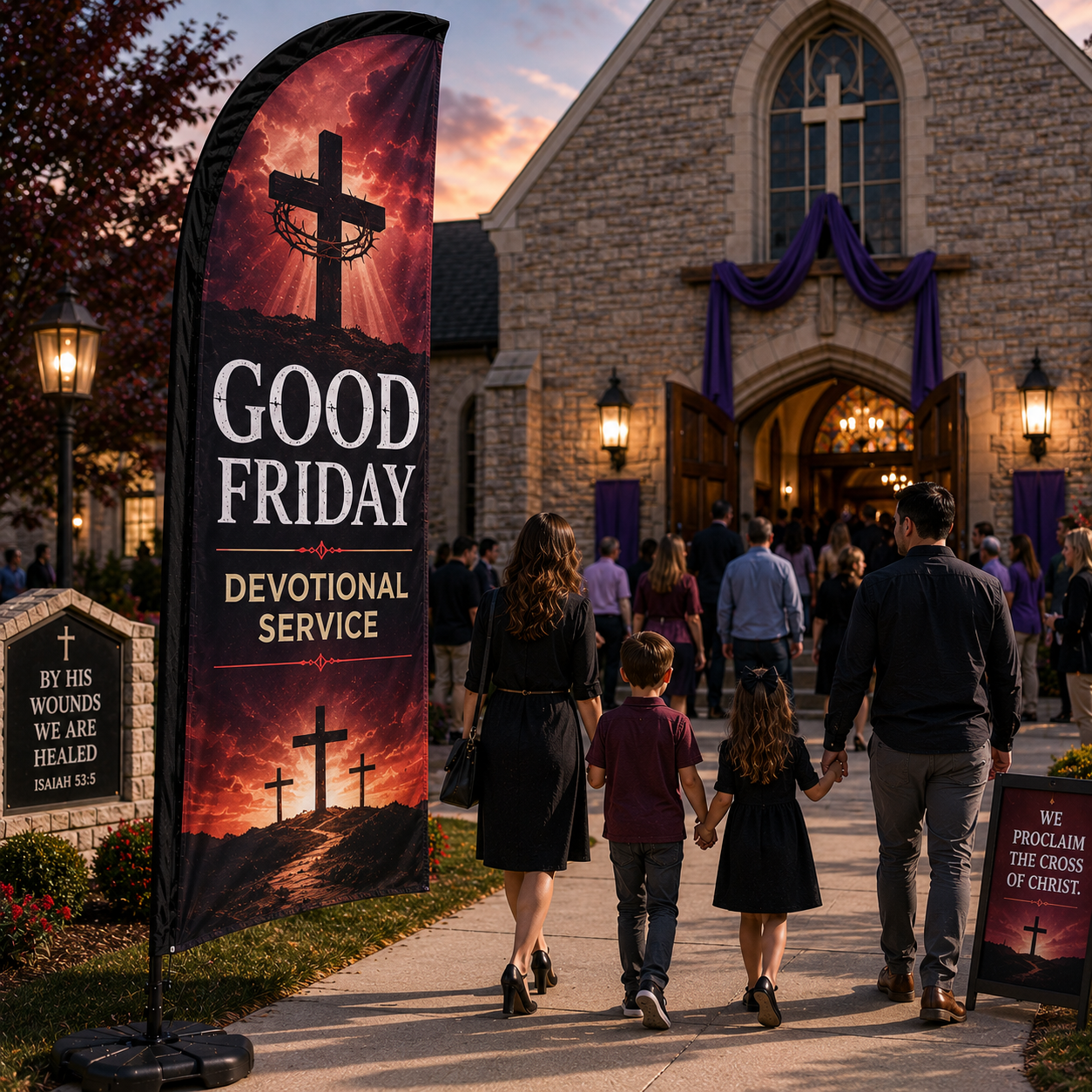 Good Friday Devotional Service church feather flag outside church entrance during Holy Week evening worship