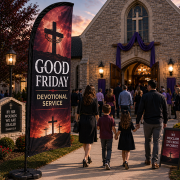 Good Friday Devotional Service church feather flag outside church entrance during Holy Week evening worship