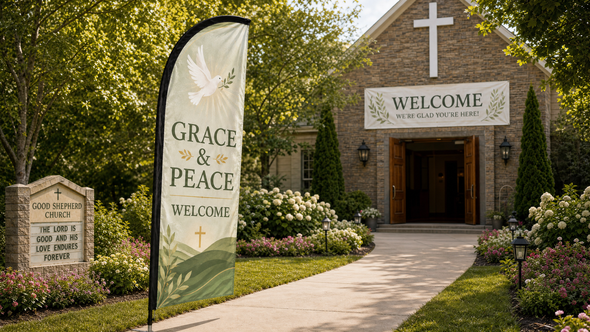 Grace and Peace church feather flag in a peaceful church garden entrance