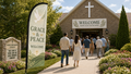 Grace and Peace church feather flag welcoming people to a Sunday service