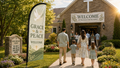 Grace and Peace church feather flag near a church entrance with warm lighting
