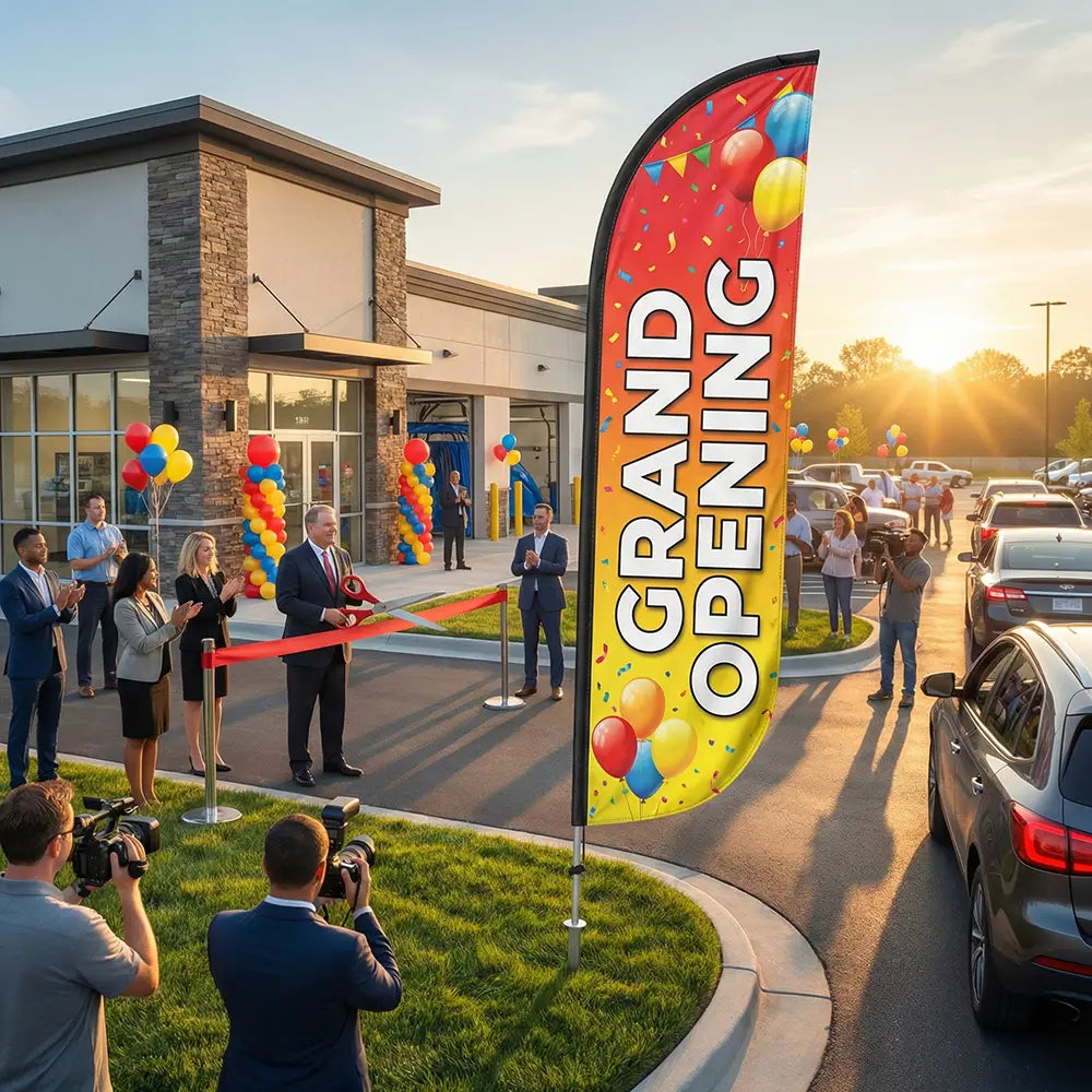 Vibrant Grand Opening feather flag with confetti graphics standing at the entrance of a new car wash facility during a ribbon-cutting ceremony.