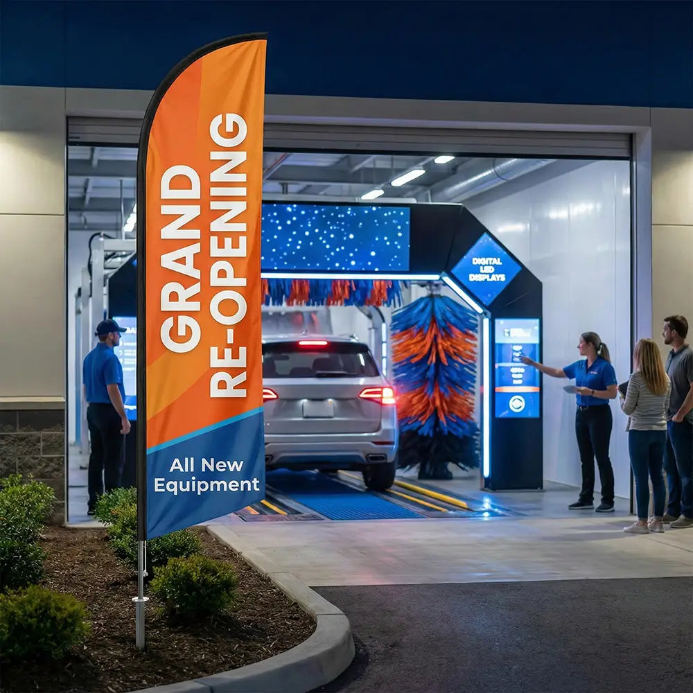 Orange and blue Grand Re-Opening feather flag announcing new equipment and renovations at a modern car wash facility.